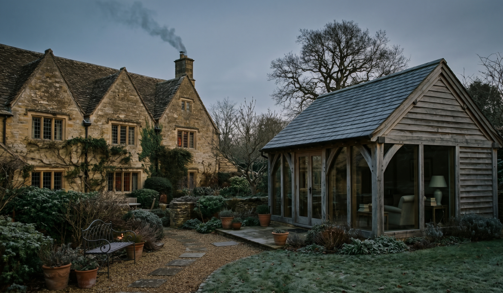 Stone cottage with smoke chimney and wooden garden shed in a winter garden setting in rural England