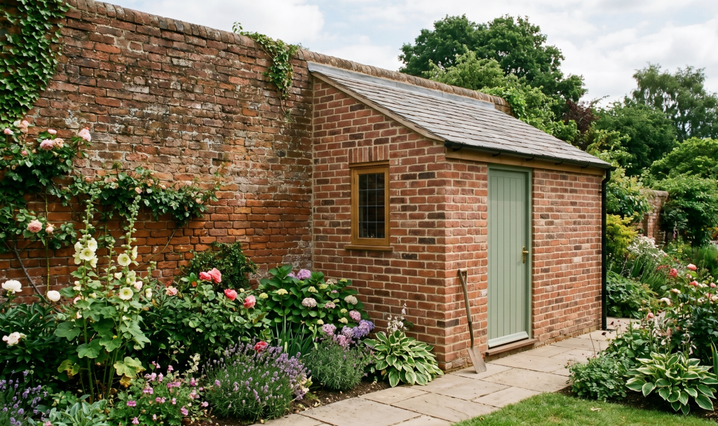 Small brick garden shed with green door surrounded by vibrant flowers and plants in a lush garden setting