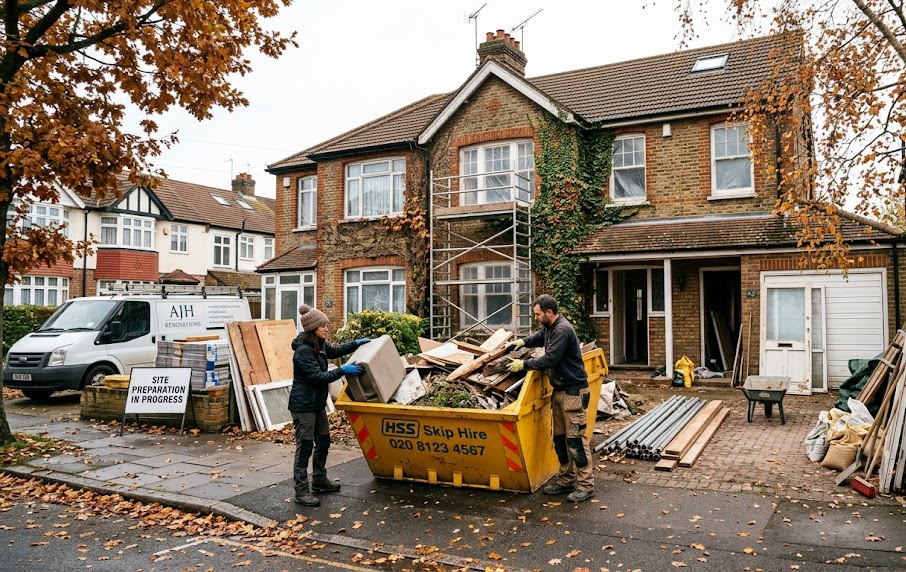 House renovation in progress with workers and skip bin outside brick home in autumn setting