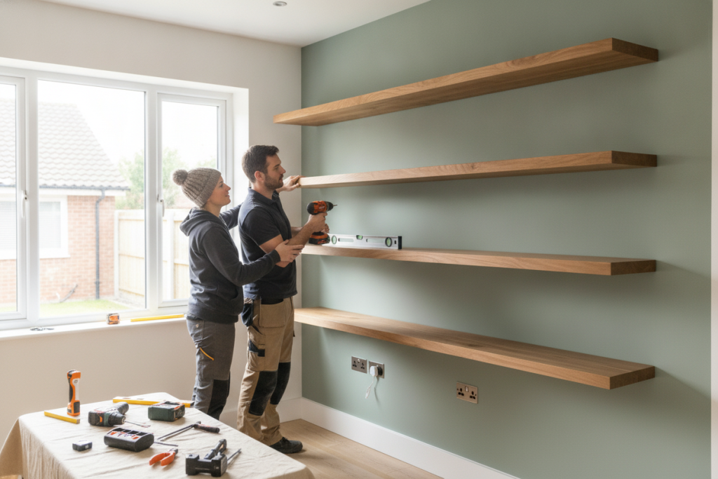 A couple building shelf for their home